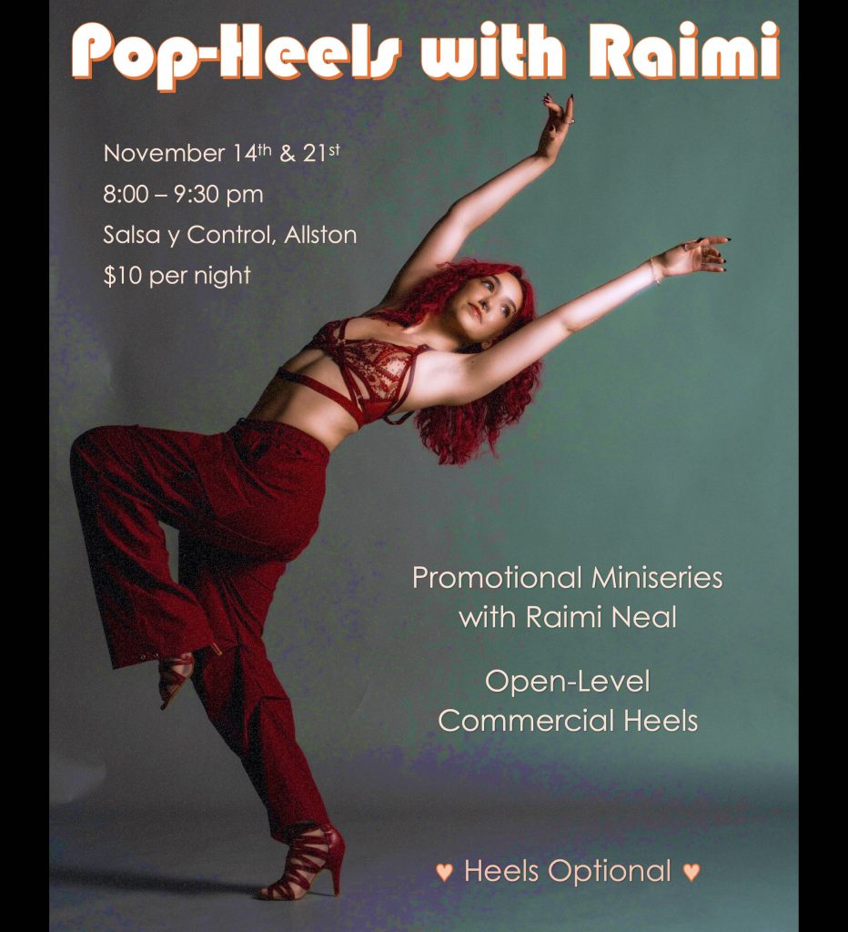 Flyer advertising Pop-Heels with Raimi Commercial Heels classes at Salsa y Control on November 14th and 21st, 2025.
