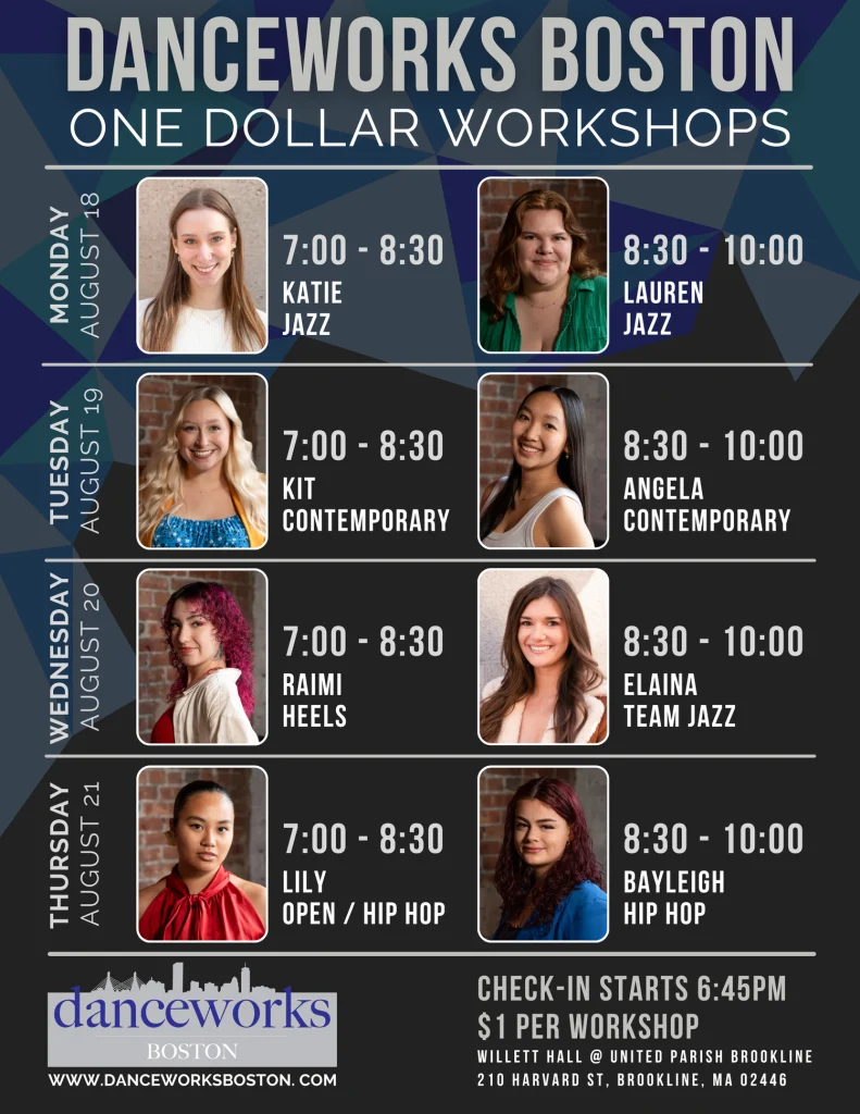 Flyer advertising DanceWorks Boston's Season 28 One Dollar Workshop Series, with Raimi Neal leading the Heels workshop on August 20, 2025, and a link to watch the workshop on YouTube.